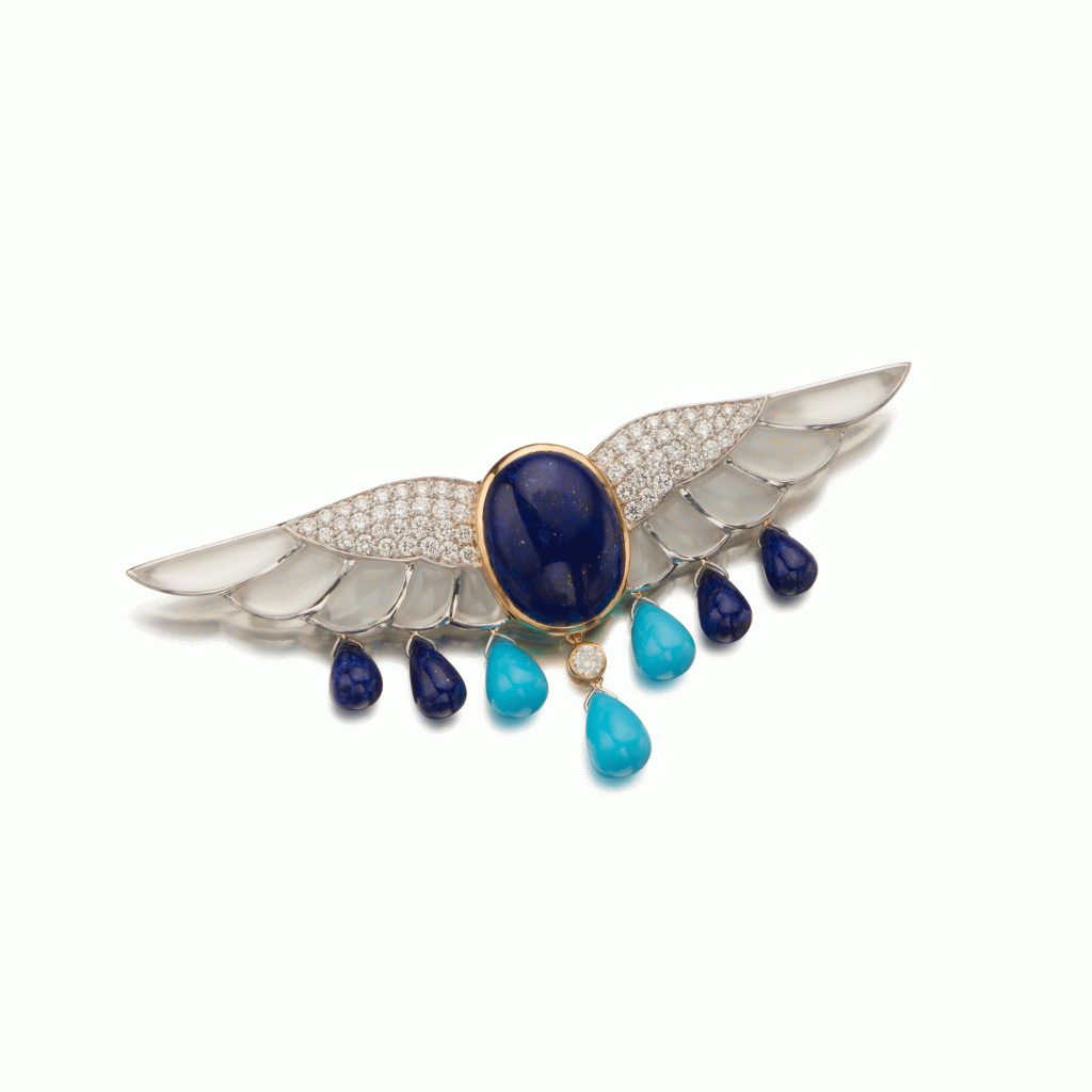 View full screen - View 1 of Lot 319. Lapis Lazuli, Turquoise, Rock Crystal and Diamond Clip-Brooch.
