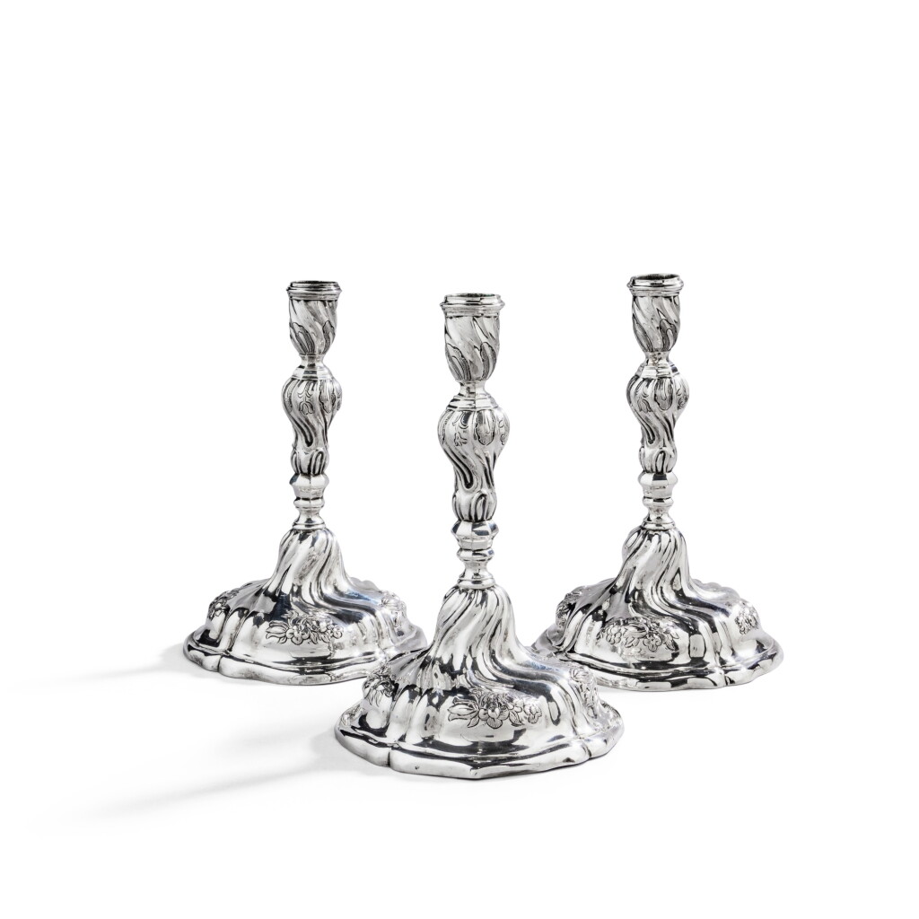 View full screen - View 1 of Lot 535. A set of three silver candlesticks, by Johann von Holten I, Hamburg, circa 1752-1769 .