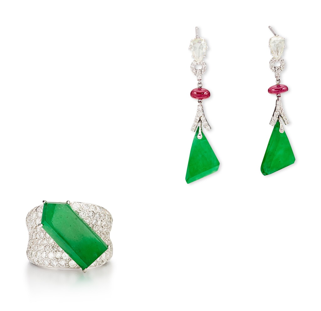 View full screen - View 1 of Lot 1531. PAIR OF JADEITE, RUBY AND DIAMOND PENDENT EARRINGS; AND JADEITE AND DIAMOND RING | 天然翡翠 配 紅寶石 及 鑽石 耳墜一對; 及 天然翡翠 配 鑽石 戒指.