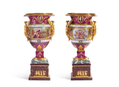 View full screen - View 1 of Lot 41. An Important Pair of Monumental Sèvres (hard paste) Porcelain Gilt-Bronze-Mounted Purple and Gold-Ground Vases, 'grand vases étrusque' or 'vases "Lagrenée"', Dated 1797, the mounts by Pierre-Philippe Thomire | Importante paire de vases monumentaux en porcelaine dure de Sèvres, monture de bronze doré, dits 'grands vases étrusques' ou 'vases 'Lagrenée'', datés 1797, les montures par Pierre-Philippe Thomire.
