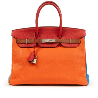 View full screen - View 1 of Lot 651. Limited Edition Orange, Sanguine, Blue Lin, Blue Hydra, Etain and Gold Clèmence Arlequin Birkin 35 Palladium Hardware, 2012.