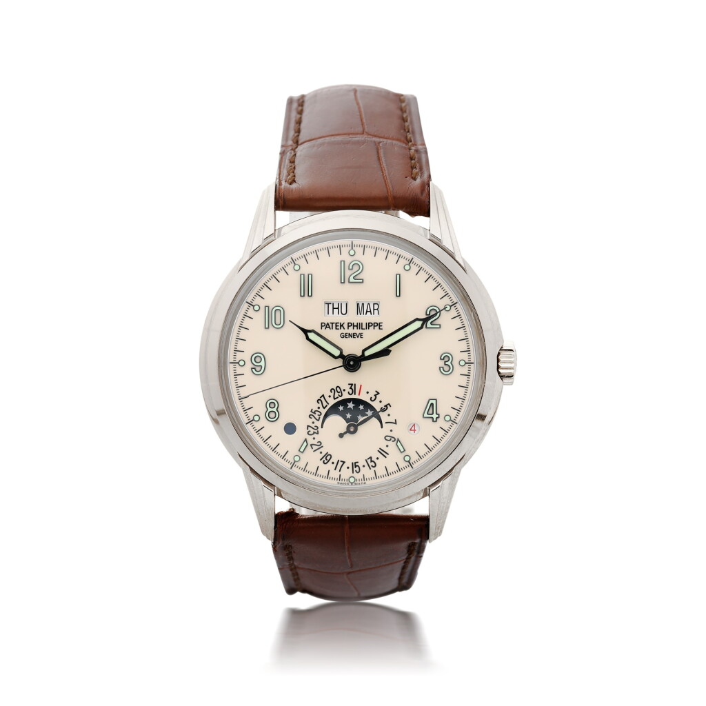 View full screen - View 1 of Lot 17. PATEK PHILIPPE | REFERENCE 5320G A WHITE GOLD AUTOMATIC PERPETUAL CALENDAR WRISTWATCH WITH MOON PHASES, CIRCA 2019 .