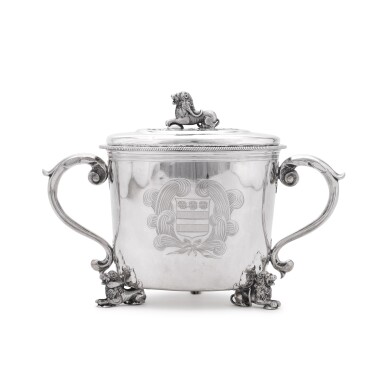 View full screen - View 1 of Lot 11. A late 17th century silver cup and cover, maker's mark IH above a fleur-de-lis and two pellets (Jackson's p.130), London late 17th century,.