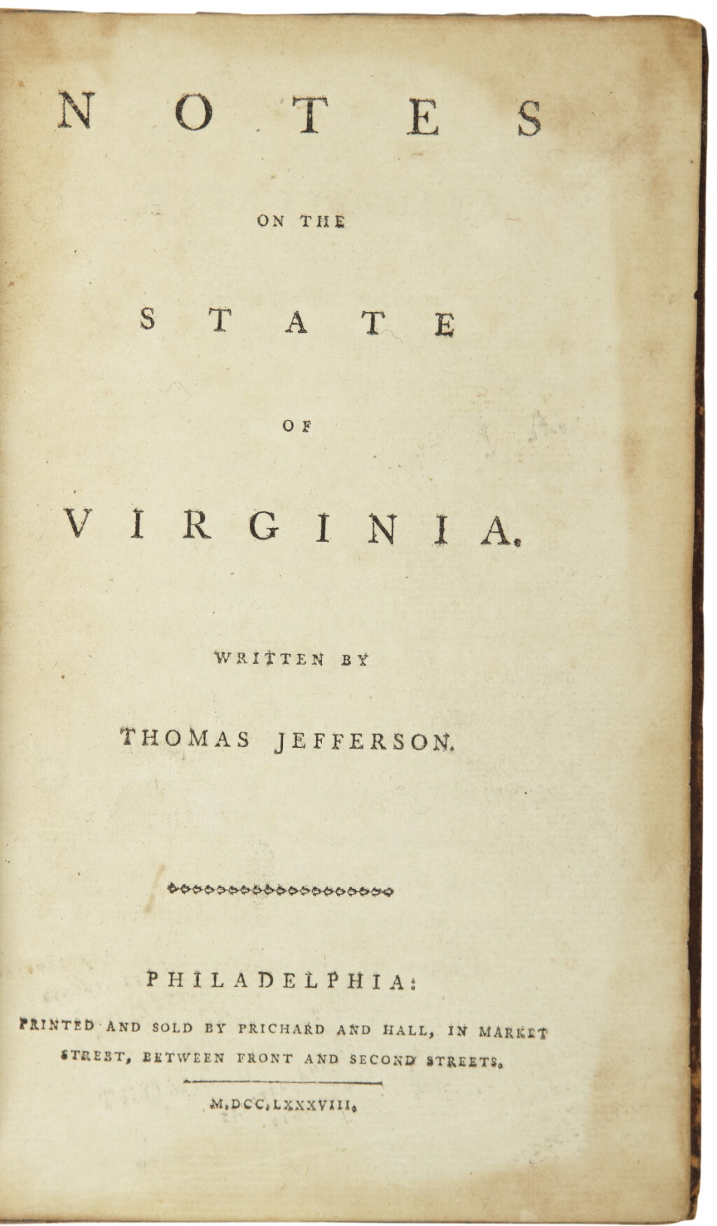 View full screen - View 1 of Lot 62. JEFFERSON, THOMAS | Notes on the State of Virginia. Philadelphia: Printed & Sold by Pritchard & Hall, 1788.