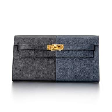 View full screen - View 1 of Lot 8543. Noir and Blue Nuit Bicolour Kelly To Go Casaque Wallet in Epsom Leather with Gold Hardware, 2020.
