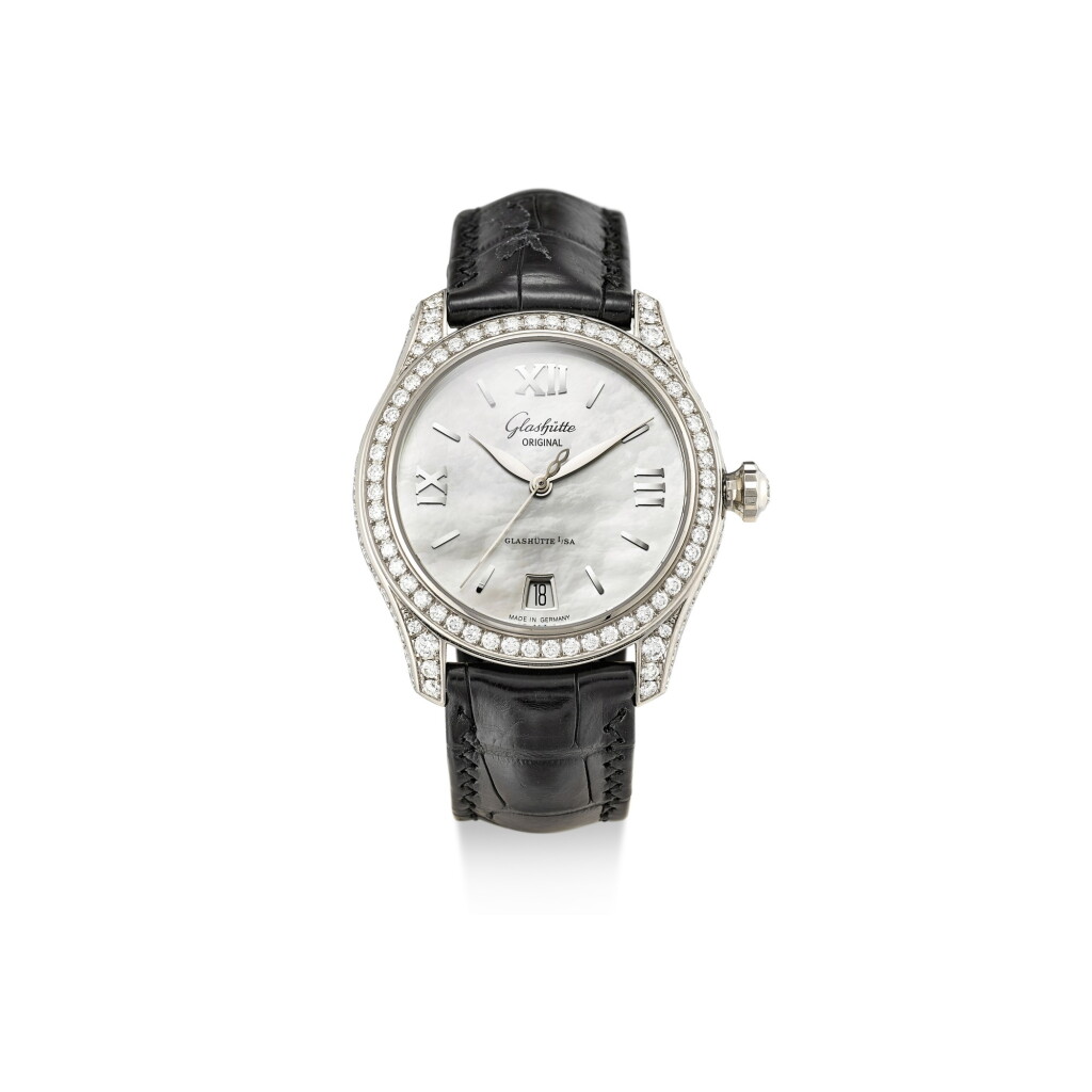 View full screen - View 1 of Lot 8167. GLASHÜTTE | LADY SERENADE A WHITE GOLD AND DIAMOND-SET WRISTWATCH WITH DATE AND MOTHER-OF-PEARL DIAL, CIRCA 2016.