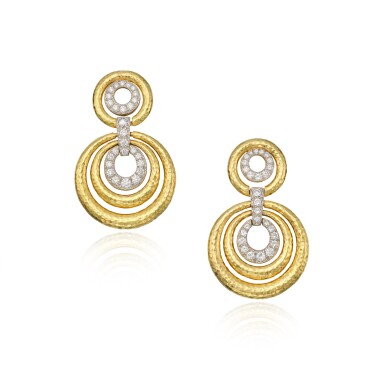 View full screen - View 1 of Lot 103. A Pair of Gold and Diamond Pendant-Earclips.