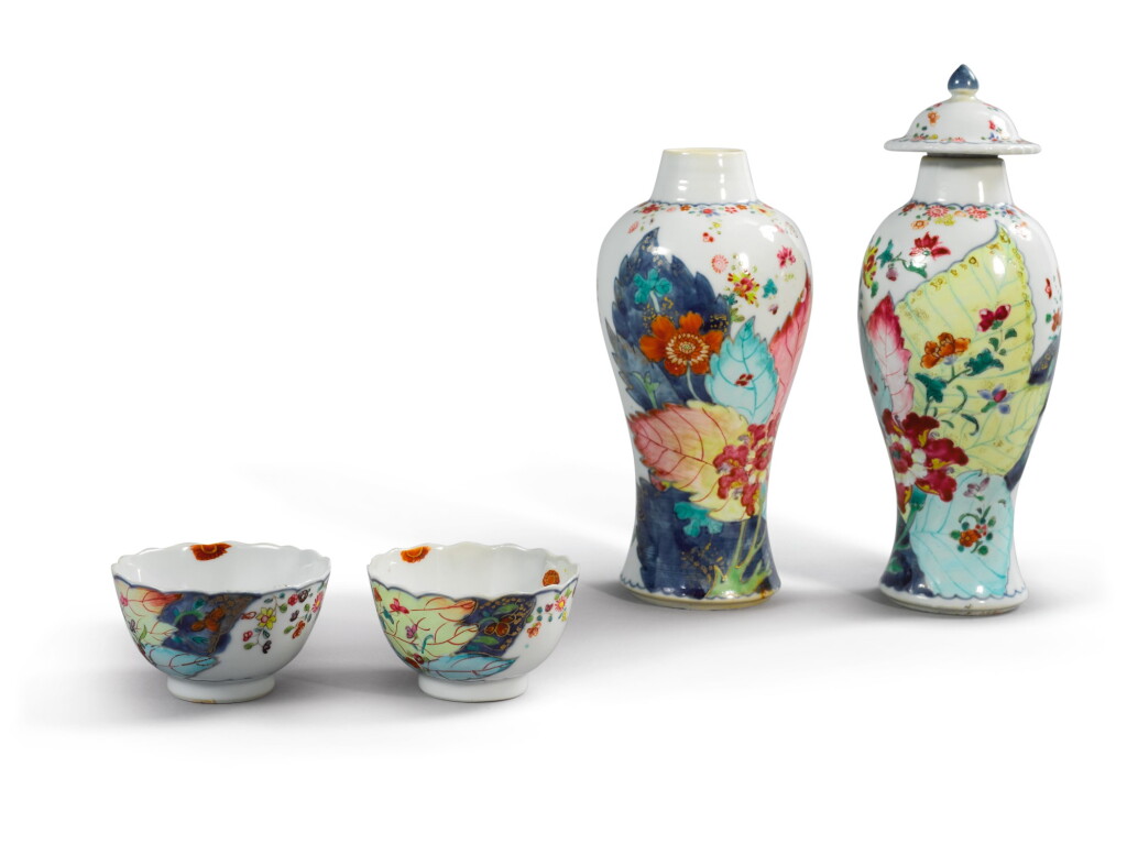 View full screen - View 1 of Lot 1912. A GROUP OF CHINESE EXPORT 'TOBACCO LEAF' PATTERN WARES, QING DYNASTY, QIANLONG PERIOD, CIRCA 1785 | 清乾隆 約1785年 粉彩花卉紋瓷四件.