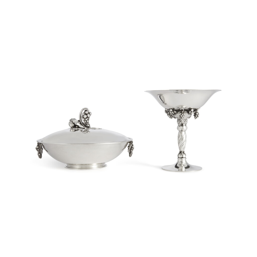 View full screen - View 1 of Lot 40. A DANISH SILVER GRAPEVINE PATTERN VEGETABLE DISH AND COVER, NO. 408E, AND TAZZA, 263B, DESIGNED BY GEORG JENSEN, GEORG JENSEN SILVERSMITHY, COPENHAGEN, CIRCA 1945-77.