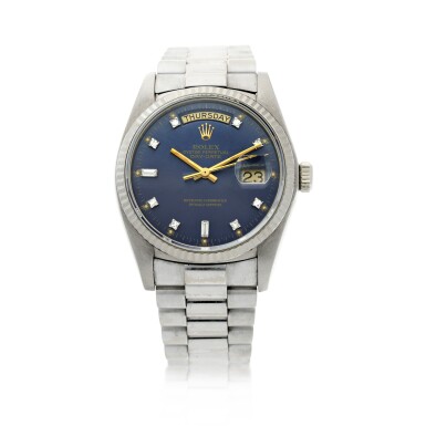 View full screen - View 1 of Lot 11. REFERENCE 18039 DAY-DATE A WHITE GOLD AND DIAMOND-SET AUTOMATIC WRISTWATCH WITH DAY, DATE AND BRACELET CIRCA 1979.