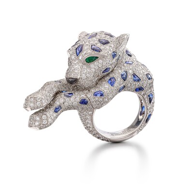 View full screen - View 1 of Lot 1820. 'Panthère' Diamond, Sapphire, Emerald and Onyx Ring | 卡地亞 | 'Panthère' 鑽石, 藍寶石 配 祖母綠 及 縞瑪瑙 戒指.