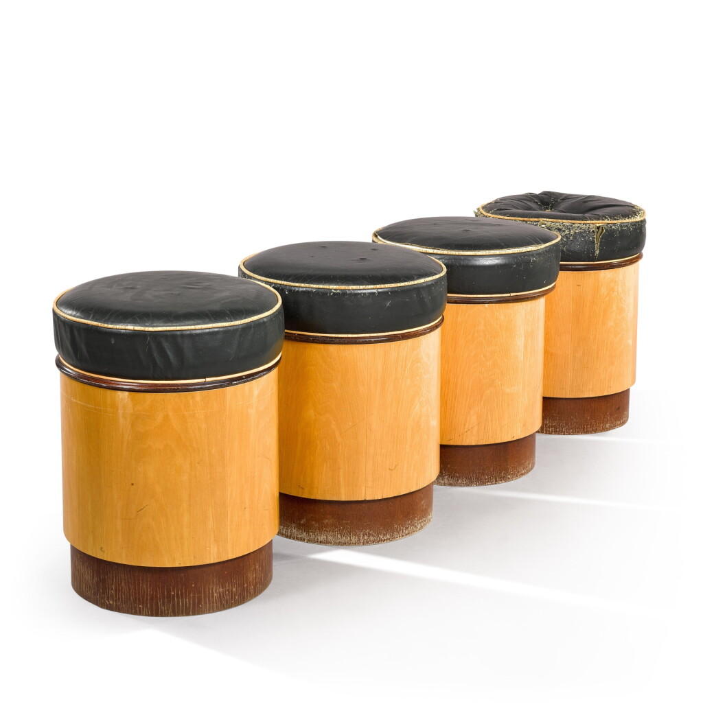 View full screen - View 1 of Lot 679. A set of four maple and mahogany stools, the design attributed to Robin Moore Ede probably executed by Bianco, circa 1986.