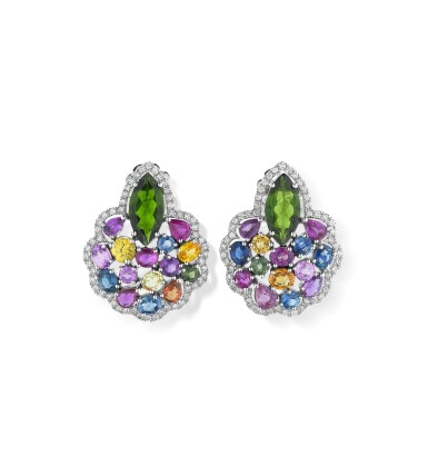 View full screen - View 1 of Lot 245. Paire de boucles d'oreille pierres de couleur et diamants | Pair of gem set and diamond earrings.