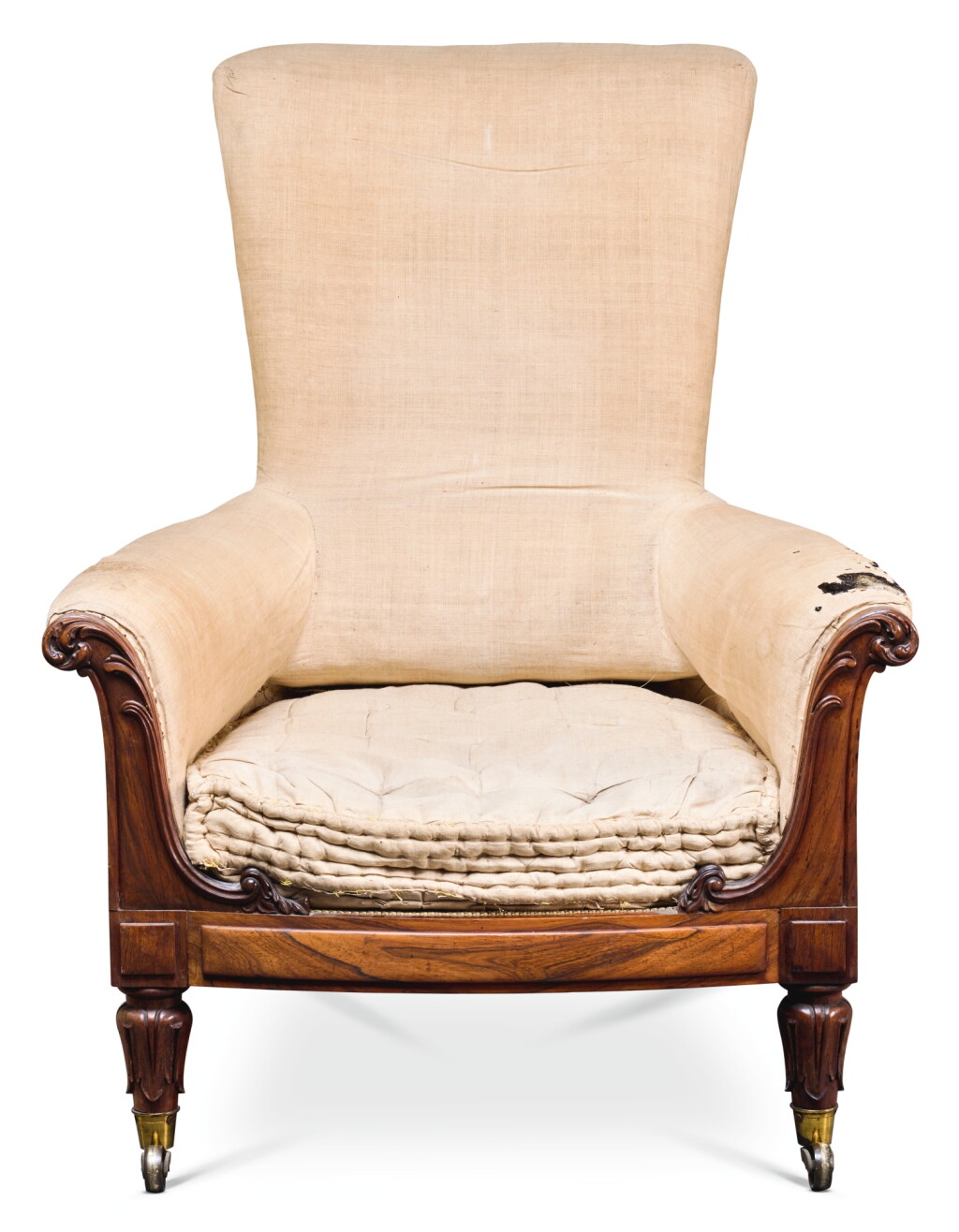 View full screen - View 1 of Lot 247. A GEORGE IV CARVED ROSEWOOD ARMCHAIR, CIRCA 1825, IN THE MANNER OF GILLOWS.