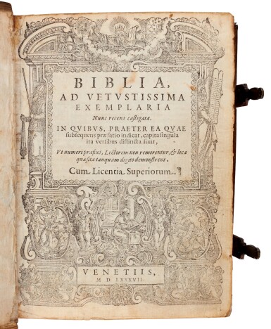 View full screen - View 1 of Lot 66. Bible, Latin, Venice, 1587, contemporary stamped pigskin.
