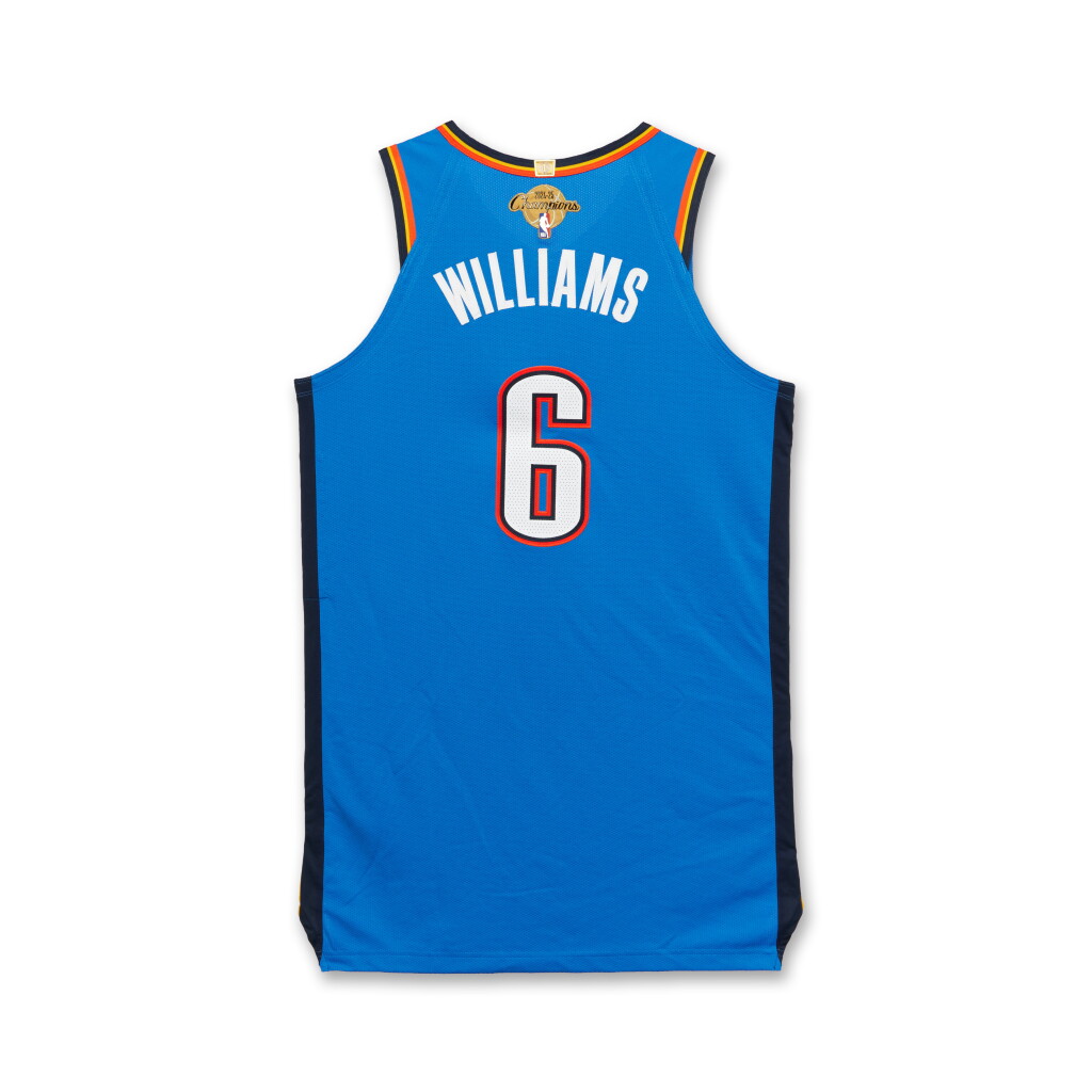 View full screen - View 1 of Lot 22. Jaylin Wlliams Oklahoma City Thunder 2025-2026 NBA Tip-Off Game Worn Icon Edition Jersey | Ring Night | 2024-25 Championship Patch .