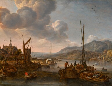 View full screen - View 1 of Lot 156. A river port in a mountainous Rhenish landscape with figures unloading boats.