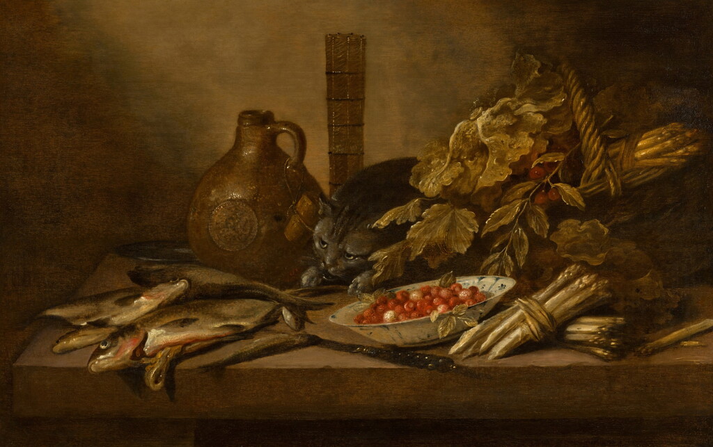 View full screen - View 1 of Lot 154. Still life with cat, fish, asparagus, a bowl of strawberries, and a stone jar on a table.