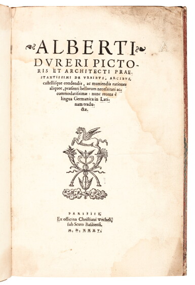 View full screen - View 1 of Lot 131. Dürer, De urbibus... condendis, Paris, 1535, and Cataneo, De arte bellica, Geneva, 1600, 2 volumes.