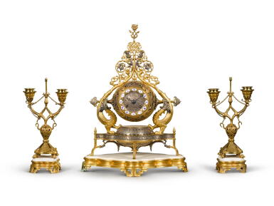 View full screen - View 1 of Lot 127. A gilt and silvered-bronze "Persian" mantel clock garniture designed by Adolphe-Victor Geoffroy-Dechaume, French, circa 1855.