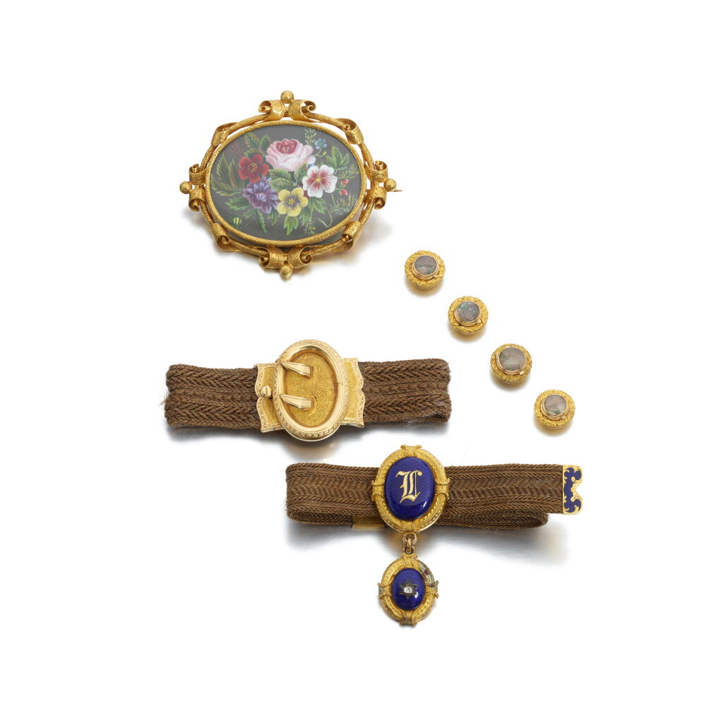 View full screen - View 1 of Lot 1151. Two gold, enamel, diamond and hairwork bracelets, a brooch and a set of dress studs, 1830s.