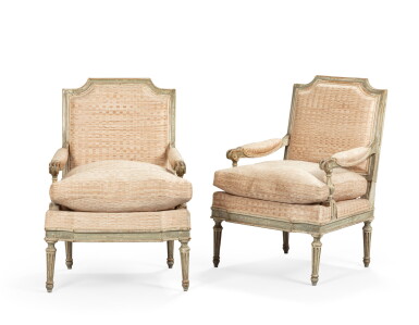 View full screen - View 1 of Lot 87. A pair of small Louis XVI grey lacquered wood child armchairs, circa 1790 | Paire de petits fauteuils d'enfant à dossier plat en bois laqué gris et crème d'époque Louis XVI, vers 1790.