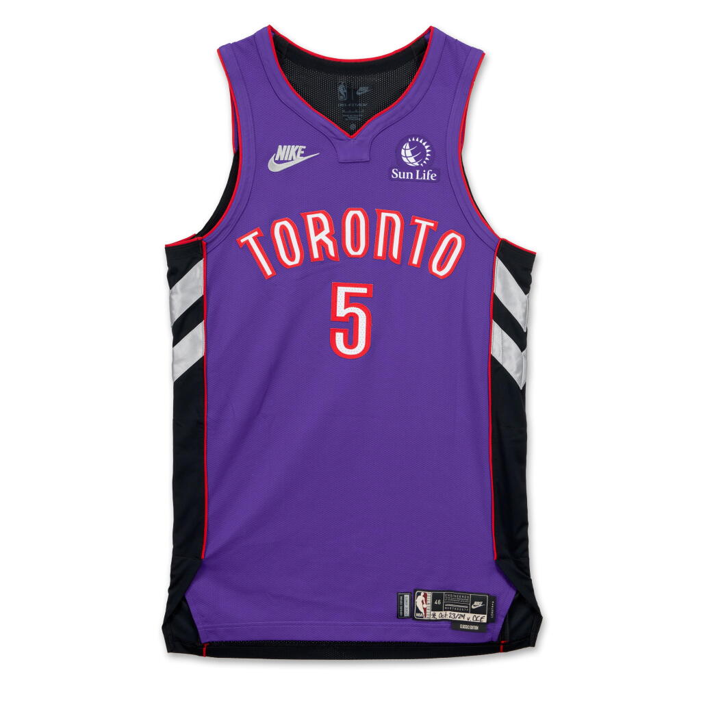 View full screen - View 1 of Lot 126. Immanuel Quickley Toronto Raptors 2024-2025 Kia NBA Tip-Off Game Worn Classic Edition Jersey.