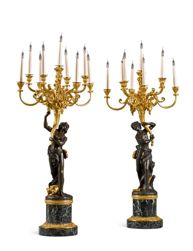 View full screen - View 1 of Lot 47. A PAIR OF LOUIS XVI STYLE PATINATED AND GILT-BRONZE ‘LES GRANDS FAUNES’ NINE-LIGHT CANDELABRA, AFTER THE MODEL ATTRIBUTED TO FRANÇOIS RÉMOND, LATE 19TH CENTURY.