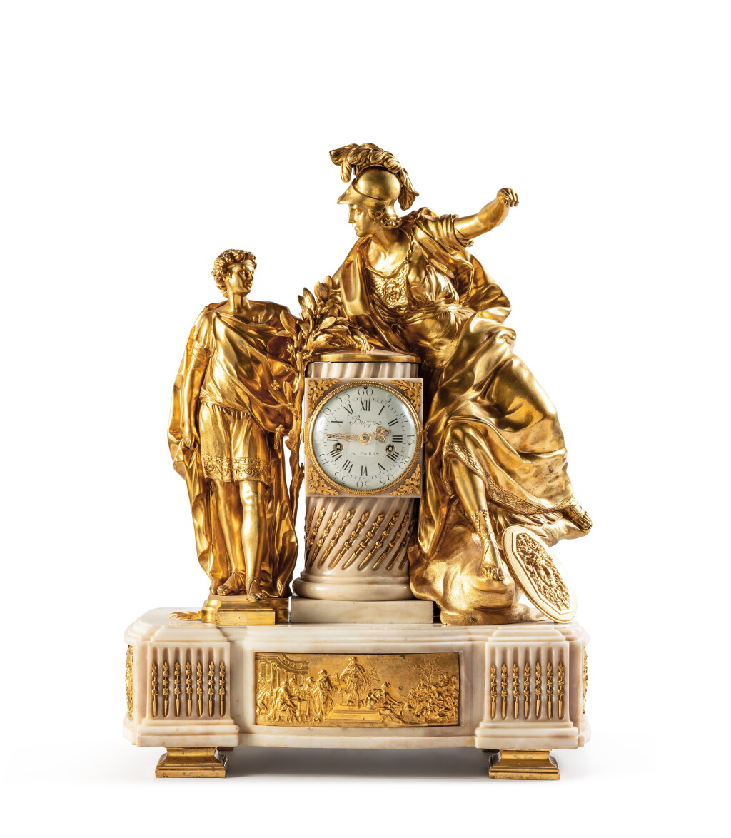 View full screen - View 1 of Lot 3. A Louis XVI gilt-bronze, brass and white marble mantel clock, circa 1775, the dial signed Buzot .
