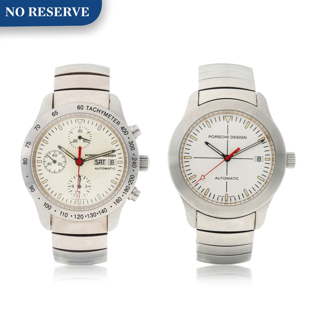 View full screen - View 1 of Lot 9325. Porsche Design | Reference 6605.41 and 6602.41, A set of two of stainless steel chronograph and automatic bracelet wristwatch with date and bracelet, Circa 2000 | 型號6605.41及6602.41 一套兩件精鋼計時及自動上弦鏈帶腕錶,備日期顯示,約2000年製.