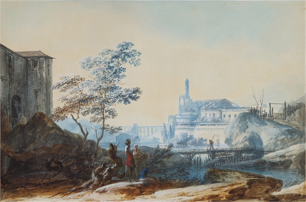 View full screen - View 1 of Lot 145. Peasants by a river, a church and other buildings in the background.