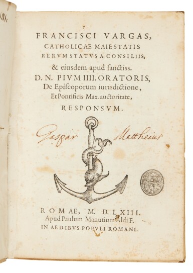 View full screen - View 1 of Lot 1523. Vargas Meija, De episcoporum iurisdictione, Rome, Paolo Manuzio, 1563, contemporary limp vellum.