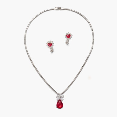 View full screen - View 1 of Lot 1506. Pair of Ruby and Diamond Earrings, Harry Winston and a Pendent Necklace | 海瑞溫斯頓 | 紅寶石 配 鑽石 耳環;及 紅寶石 配 鑽石 吊墜項鏈.