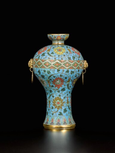 View full screen - View 1 of Lot 108. A cloisonné enamel meiping, 17th century | 明末清初 掐絲琺瑯纏枝蓮紋活環耳梅瓶.