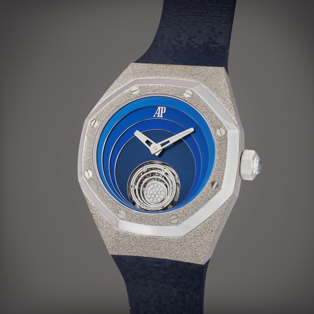View full screen - View 1 of Lot 17. Reference 26630BC.GG.D326CR.01 Royal Oak | A frosted white gold flying tourbillon wristwatch, Circa 2020.