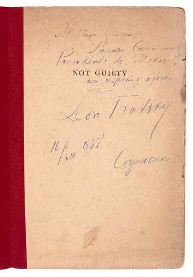 View full screen - View 1 of Lot 115. Trotsky, Not Guilty, New York, 1938, original printed wrappers, inscribed by Trotsky.