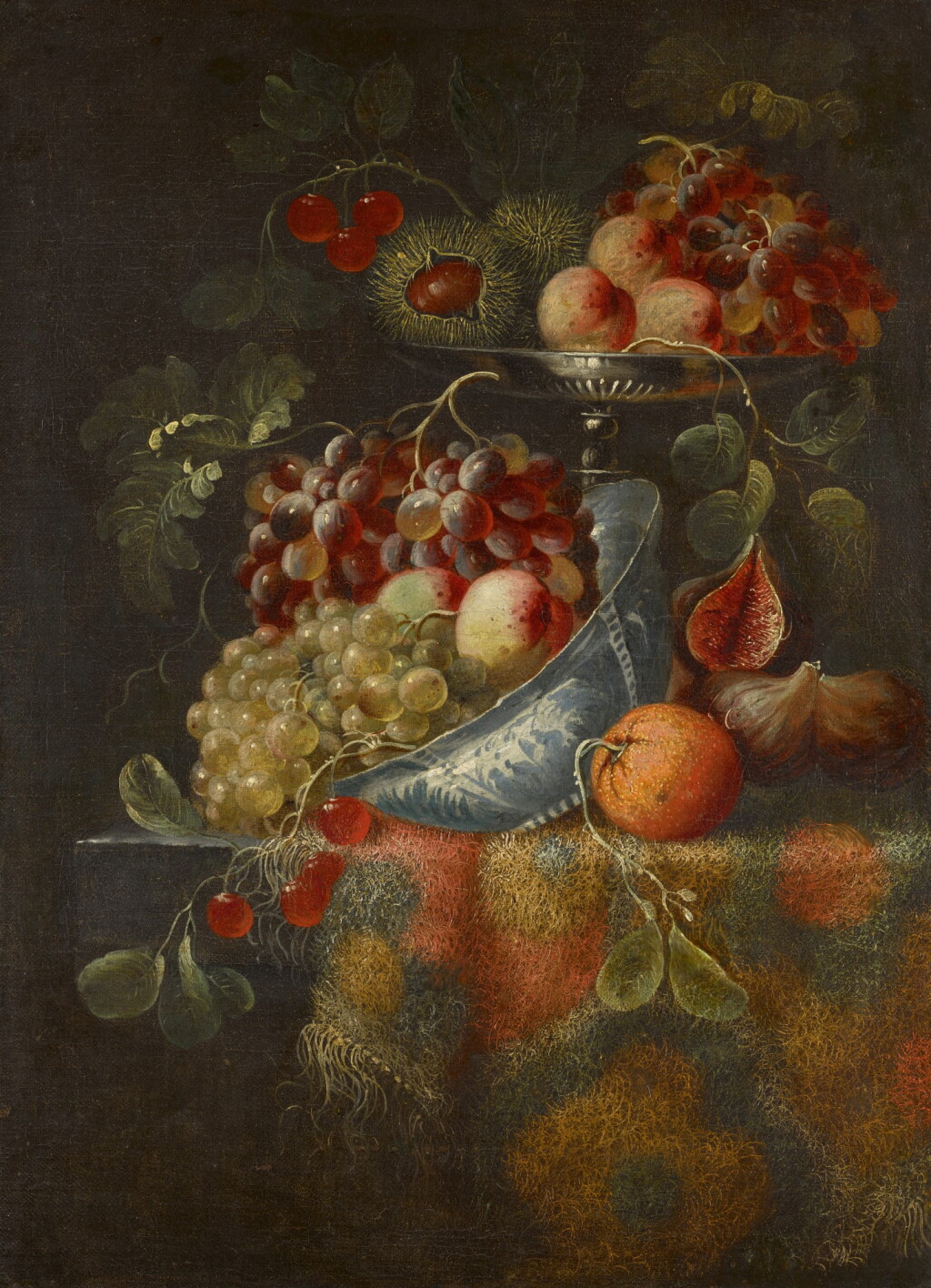 View full screen - View 1 of Lot 93. PIERRE-NICOLAS HUILLIOT | STILL LIFE WITH FRUIT ON A TAZZA AND A PORCELAIN BOWL, ALL ON A CARPET-COVERED TABLE.