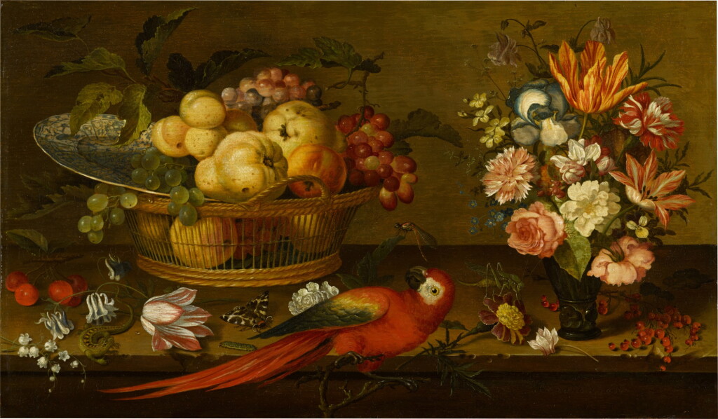 View full screen - View 1 of Lot 17. Still life with a basket of fruit and a Wanli Kraak porcelain dish, a vase of flowers, a parrot, a lizard and insects on a ledge.