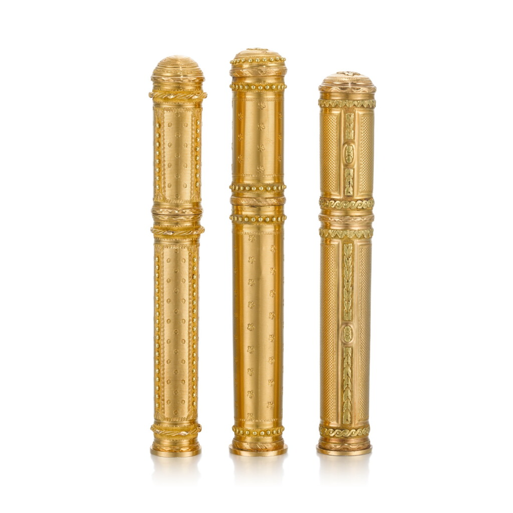View full screen - View 1 of Lot 38. A group of three two-colour gold étuis-à-cire, Paris, last quarter of the 18th century.