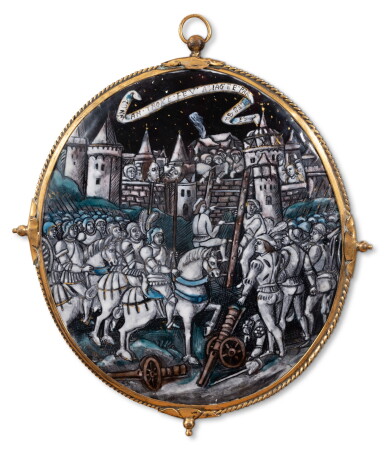 View full screen - View 1 of Lot 111. A Limoges painted enamel oval medallion depicting the Siege of Troy, Attributed to Colin Nouailher (c.1514-1571), circa 1540.
