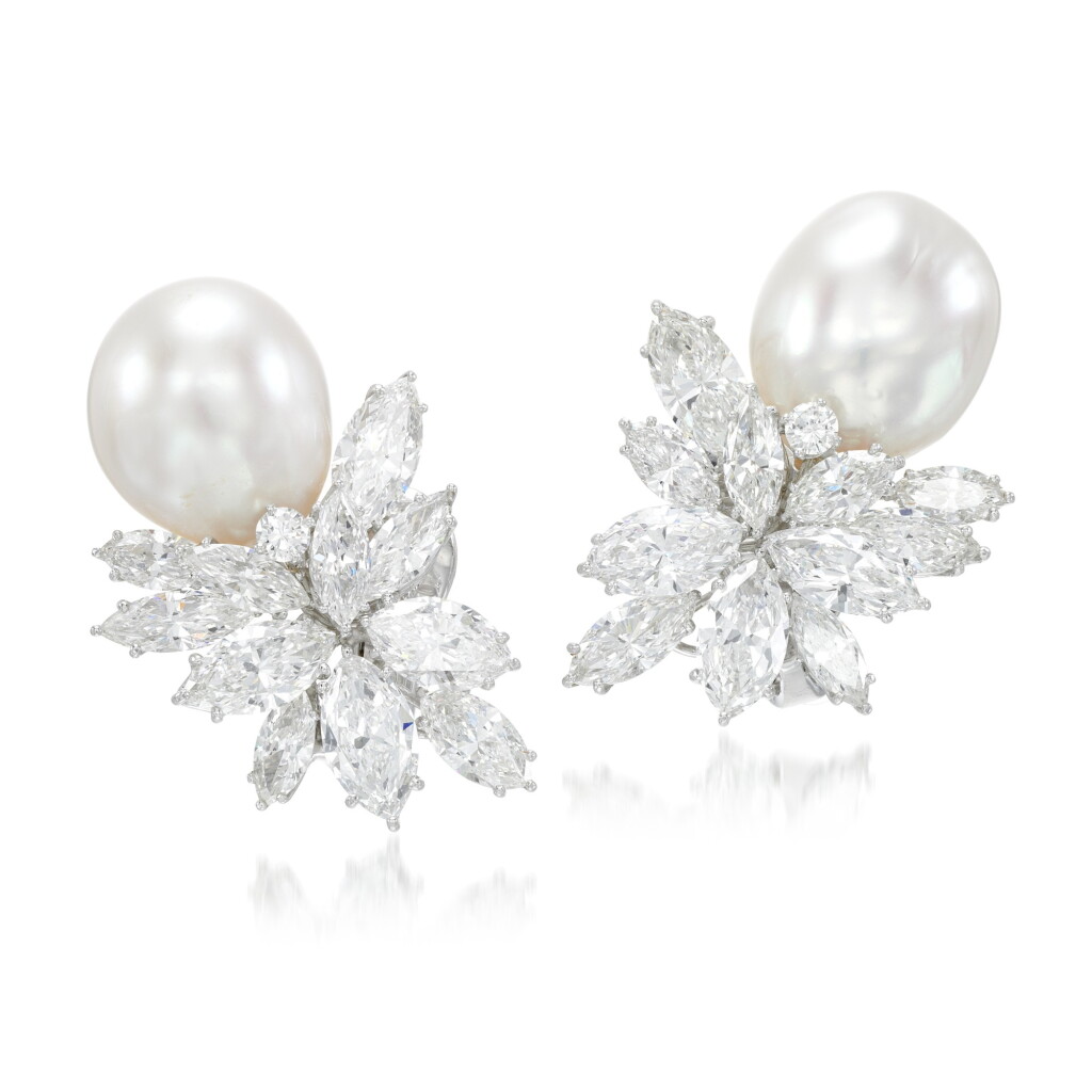 View full screen - View 1 of Lot 29. Pair of cultured pearl and diamond ear clips.
