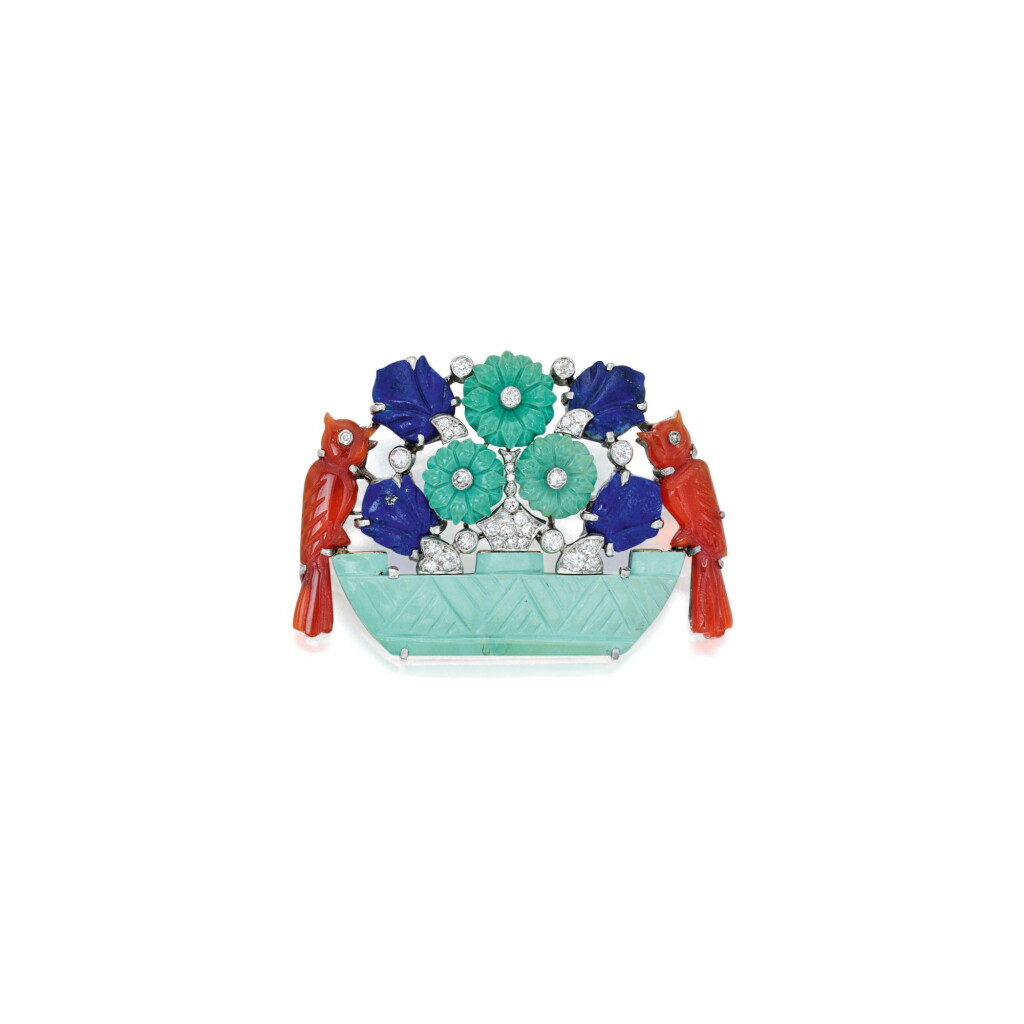 View full screen - View 1 of Lot 209. Cartier | Turquoise, Lapis Lazuli, Carnelian and Diamond Brooch.