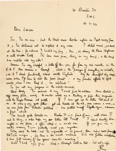 View full screen - View 1 of Lot 98. LAWRENCE | Autograph letter signed, to B.E. Leeson, on his discomfort with his Arab experiences, 16 February 1923.