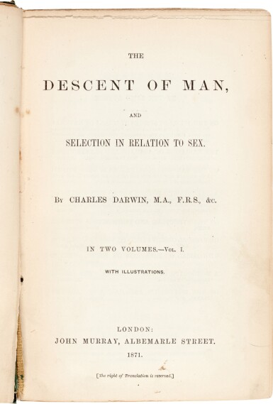 View full screen - View 1 of Lot 13. Charles Darwin | The Descent of Man, 1871, first edition, first issue, original cloth.