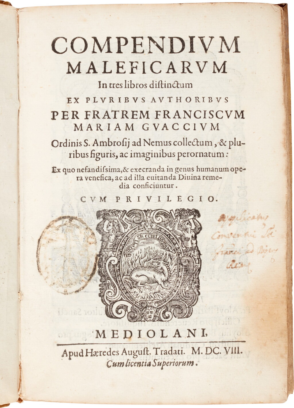 View full screen - View 1 of Lot 23. Guazzo | Compendium maleficarum, Milan, 1608, contemporary vellum.