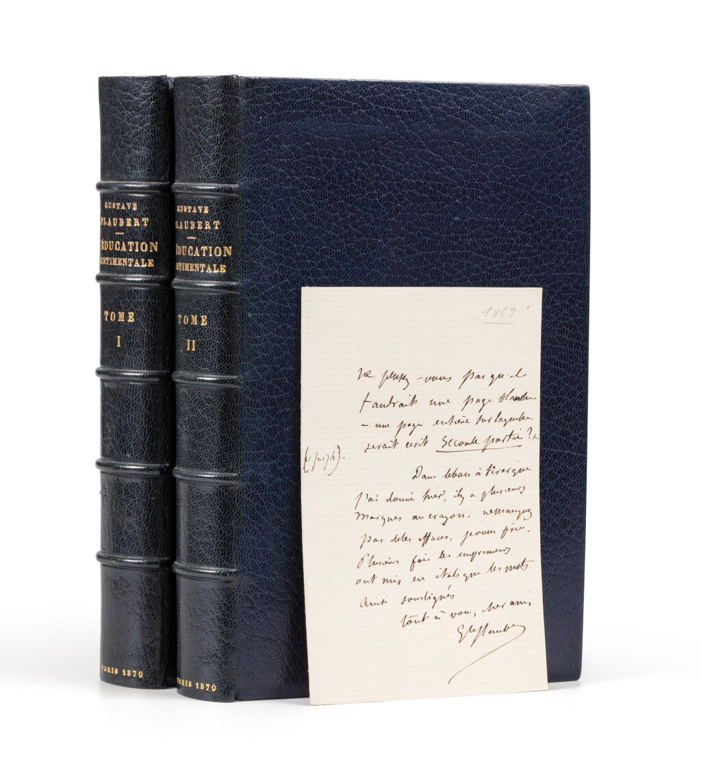 View full screen - View 1 of Lot 70. L'Education sentimentale. 1870.2 vol in-8 Ex. sur Hollande, reliure doublée. Lettre de Flaubert jointe.