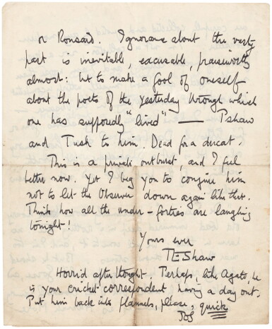 View full screen - View 1 of Lot 92. T.E. Lawrence | autograph letter signed, to James Louis Garvin, 1934.