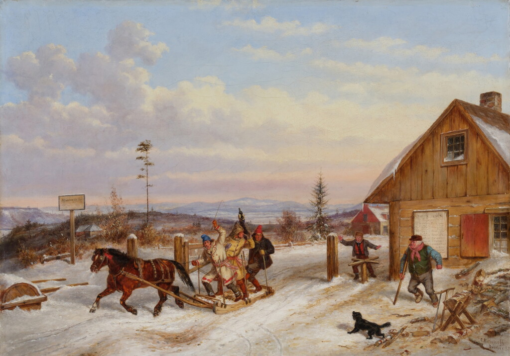 View full screen - View 1 of Lot 42. A Horse Drawn Sleigh Passing a Cabin.