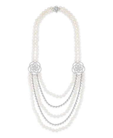 View full screen - View 1 of Lot 170. Sautoir perles de culture et diamants, "Camélia Brodé" | Cultured pearl and diamond sautoir, 'Camélia Brodé'.