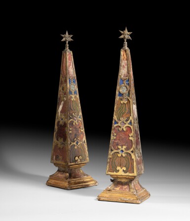 View full screen - View 1 of Lot 8. A pair of gilt-brass mounted pietra dura and marbles obelisks, Roma, early 17th century | Paire d'obélisques en placage de pierres dures, marbres, cuivre doré et bois doré, travail romain du début du XVIIeme siècle.